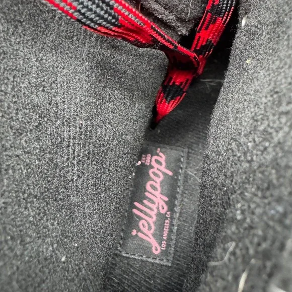 Jellypop Black Heeled Ankle Boots Red Plaid Laces Faux Fur Trim Lug Sole Size 9M - Picture 9 of 13